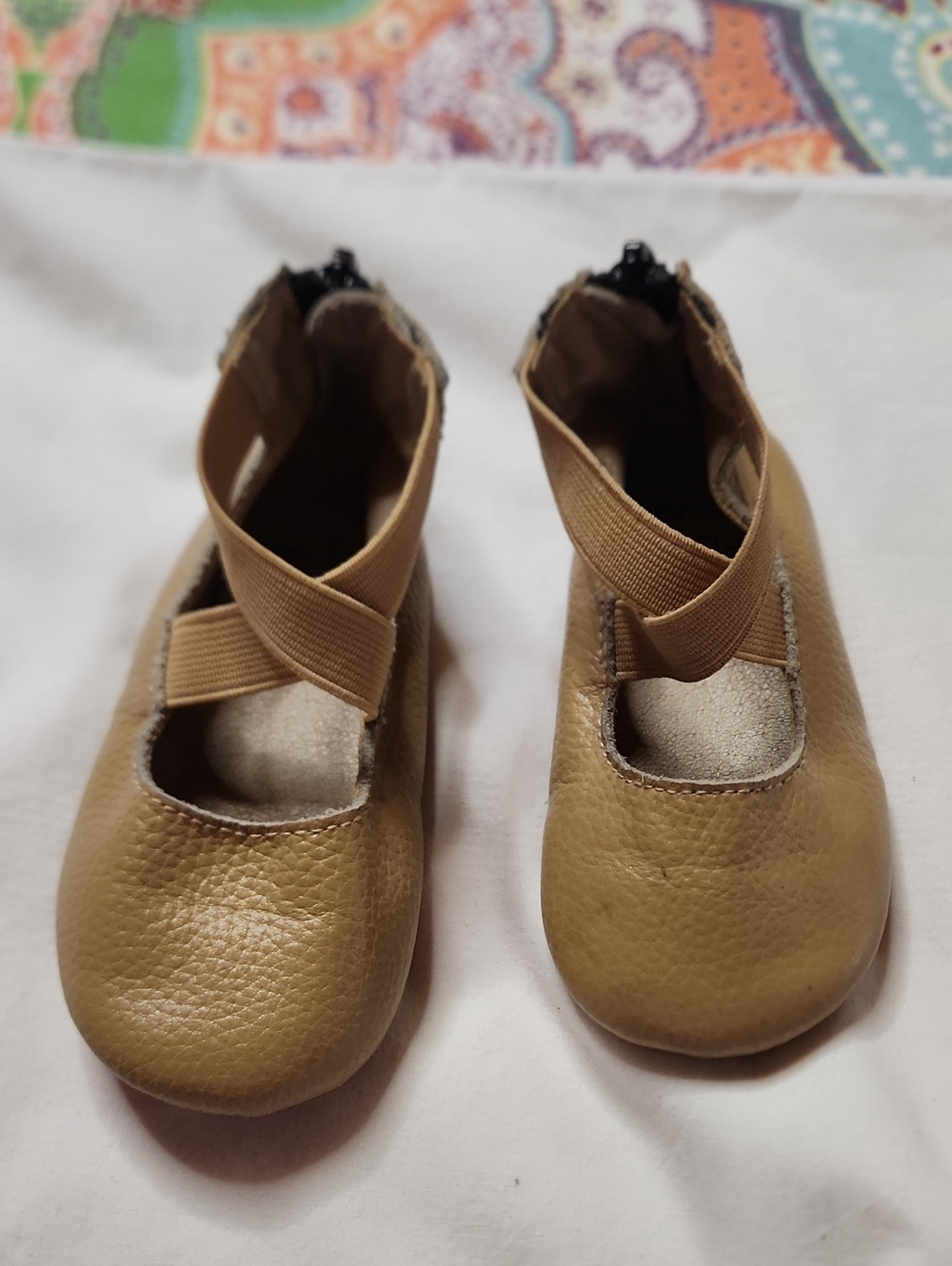 MONKEY FEET 12-18 M  Tan Leather Zip Up Crossover Ballet Style Shoes